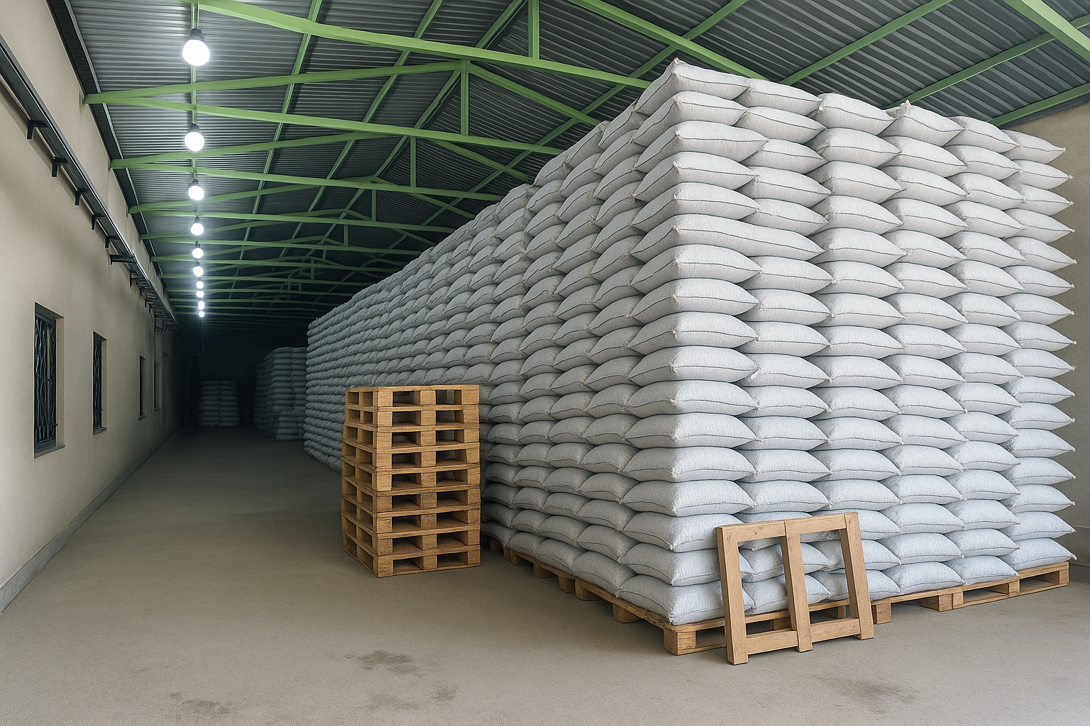 Warehouse with stacked bags